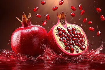 Fresh Pomegranate with Juicy Seeds Splashed in Water