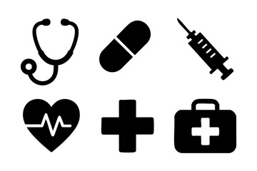 Fototapeta premium Healthcare icons: essential medical symbols including stethoscope, pill, syringe, heart, cross, and first aid kit.