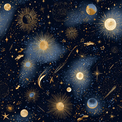 Mystical celestial pattern with golden suns moons and stars on deep blue cosmic background illustration