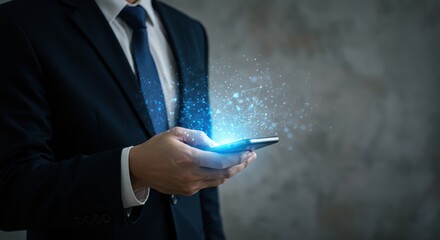 Businessman holding a smartphone with glowing digital connections emerging from the screen