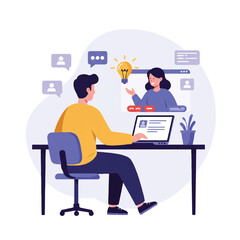 Flat 2D vector illustration of a young man sitting at a desk, focused on a laptop during an online video call as a female mentor on screen explains a new concept with a glowing lightbulb icon.