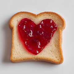 Slice of toast bread with red jam heart shape symbolizing love and breakfast concept on white background
