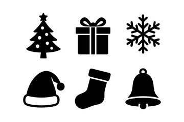 Christmas doodle icons: Christmas tree, gift, snowflake, Santa hat, stocking, and bell in black and white silhouette design.