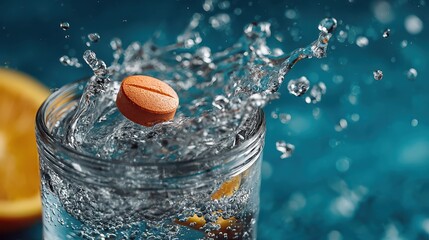Vibrant orange multivitamin tablet splashes into clear water, creating dynamic ripples and droplets, symbolizing health, wellness, and self-care in a refreshing setting