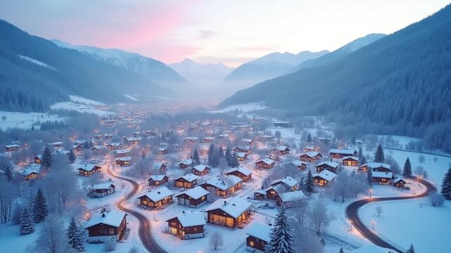 Aerial view of a picturesque winter village blanketed in snow, showcasing charming houses, winding roads, and serene mountainous landscape under a soft pastel sky at dusk