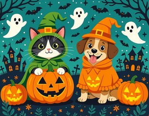 Halloween background with pumpkins, cats and dogs