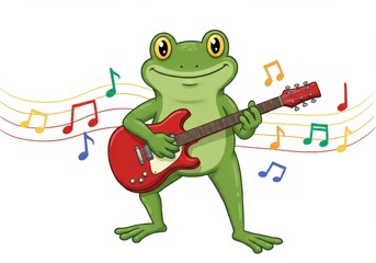 Obraz premium A cheerful frog character plays an electric guitar against a backdrop of musical notes.