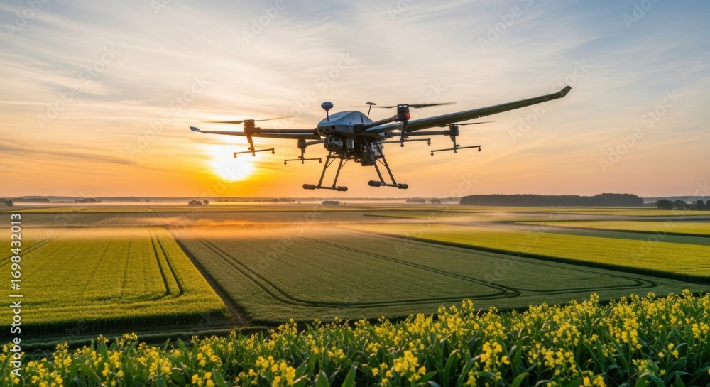 Poster dynamic medium shot of a drone flying low over vibrant crop fields showcasing advanced technology fo