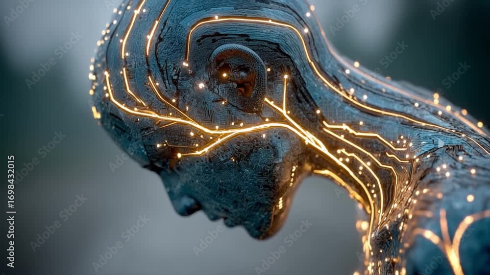 Poster digital neural network: a stunning conceptual image portrays a humanoid form adorned with an intrica