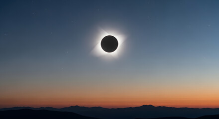Dramatic Total Solar Eclipse over Mountain Range at Twilight with Stars in the Sky