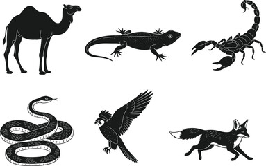 Desert animal silhouettes, camel, lizard, scorpion, snake, bird, fox, black vector icons, wildlife clipart, nature symbols, isolated creatures, editable