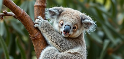 Fototapeta premium Plump koala joey clinging to eucalyptus branch, fluffy fur, adorable expression, joey, leaf