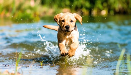 Playful Golden Puppy Splashing in Water