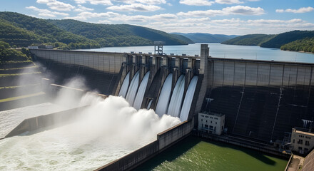 Hydroelectric Dam Releasing Water with Mountain Backdrop on a Sunny Day