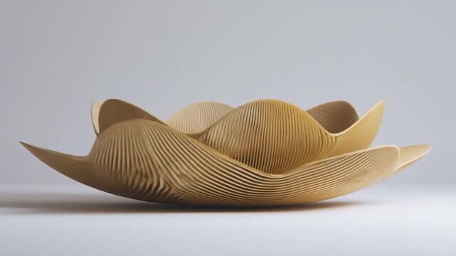 Beige wavy sculpture with parallel lines against a neutral backdrop