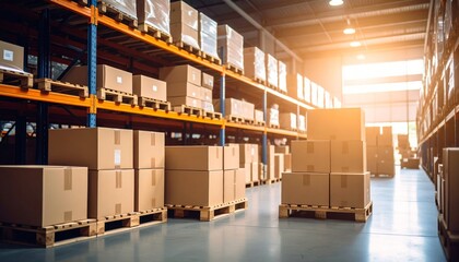 Warehouse Interior with Rows of Palletized Cardboard Boxes