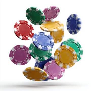 Colorful casino poker chips in a dynamic explosion against a white background