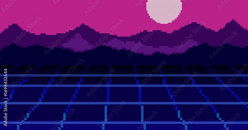 Poster sunrise over the mountains. pixel art of 80s retro sci-fi background. pixel art animation footage. 8