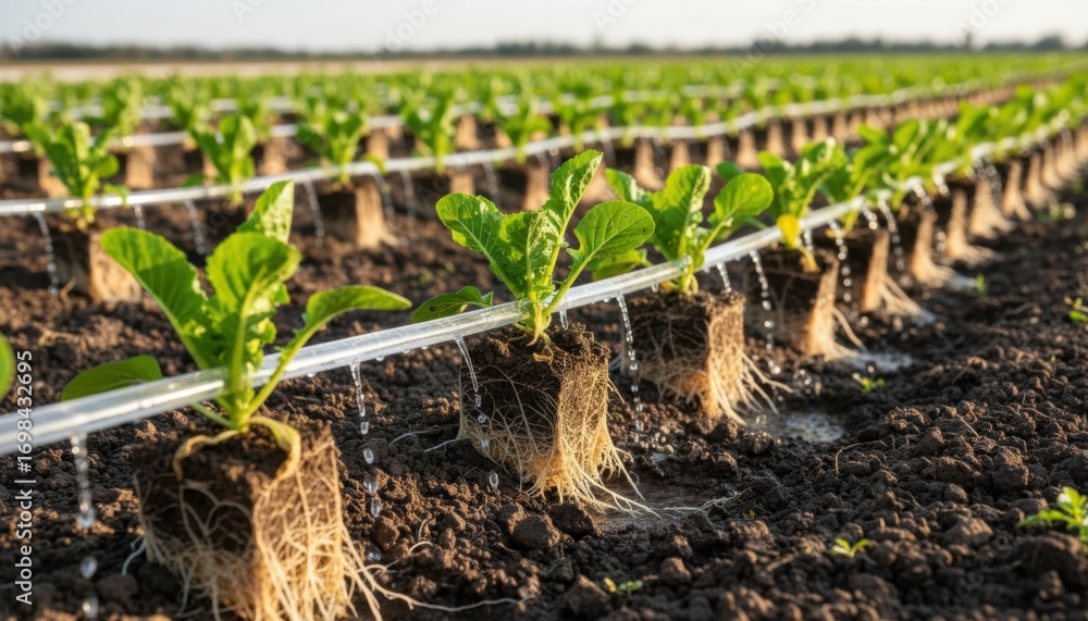 Poster medium shot of automated drip irrigation system delivering precise water flow to vibrant plant roots