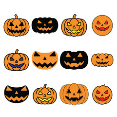 Collection of twelve carved halloween pumpkins with spooky faces