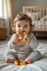 Baby girl with light brown hair, blue eyes, holding baby chewing toy ring. Soft natural lighting from window. Concept of baby chewing toy ring and dental aids for infants.