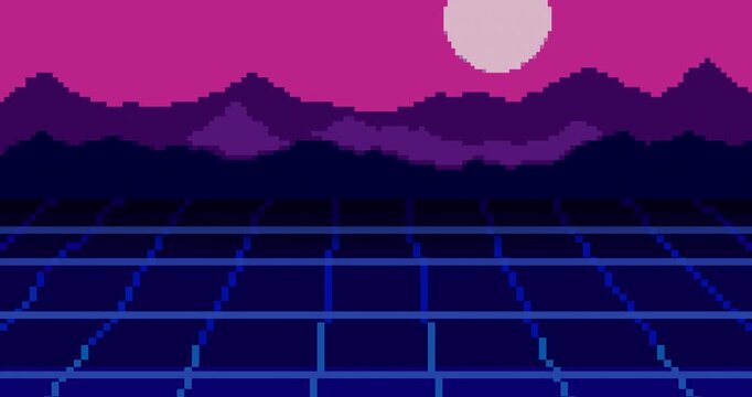 Sunrise over the mountains. Pixel art of 80s Retro sci-Fi background. Pixel art animation footage. 8bit Loop