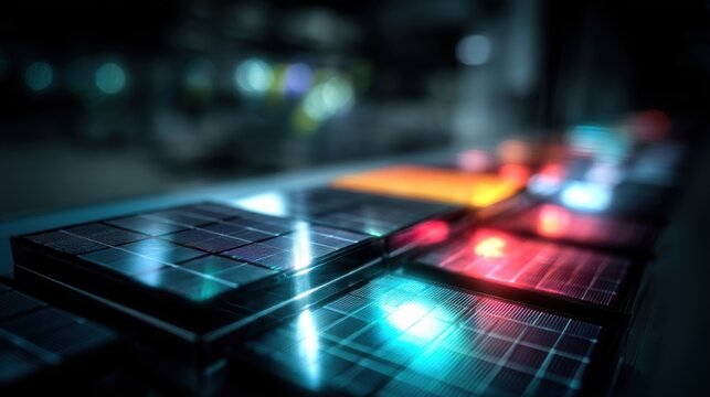 A near view of a freshly produced solar panel glistening under industrial lights illustrating the smooth interface between perovskite and tandem layers that contribute to the high efficiency