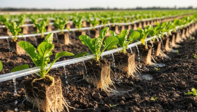 Medium shot of automated drip irrigation system delivering precise water flow to vibrant plant roots in agricultural field enhancing efficient resource use and crop growth.