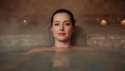 Fototapeta premium Serene woman lies in warm indoor spa surrounded by gentle candlelight