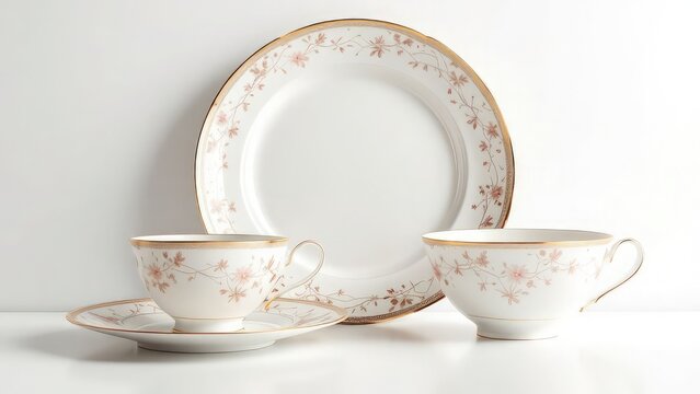 Elegant tea set with floral design featuring a plate and two cups on a white surface background - Powered by Adobe