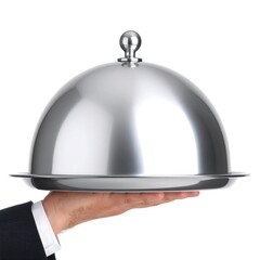 Hand holding a polished silver serving cloche