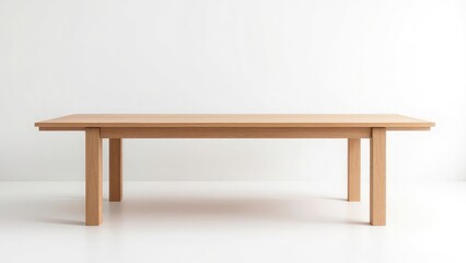 A light brown wooden table with four legs against a white background in a studio setting view from front