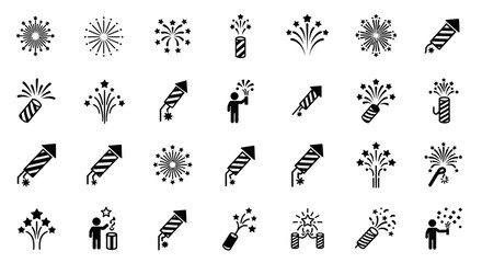 Collection of black and white vector icons depicting various firework designs, including rockets, sparklers, and explosions.