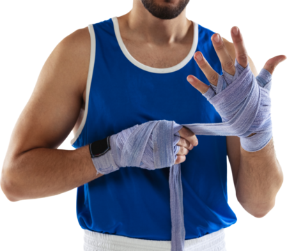 Boxer in blue uniform wrapping hands before fight on transparent background. Concept of preparation, discipline, combat readiness, sports routine and determination. - Powered by Adobe