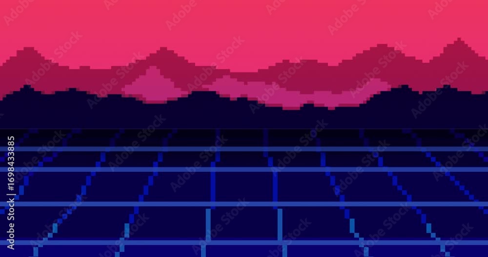 Poster sunrise over the mountains. pixel art of 80s retro sci-fi background. pixel art animation footage. 8