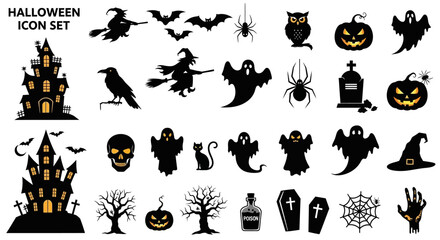 A collection of Halloween-themed silhouette icons including witches, ghosts, bats, pumpkins, spiders, a haunted house, and other spooky symbols.