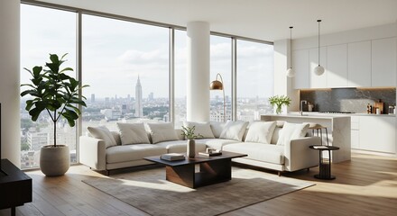 上質な都会のマンション、開放的なリビング風景