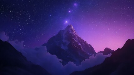 Enchanting mountain floating amidst clouds under a vibrant, starry night sky, evoking a sense of wonder and fantasy in a dreamlike landscape