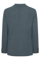 Back view of a business suit jacket in teal fabric