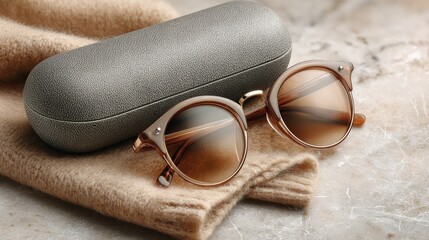 Tinted round glasses with case on beige wool fabric