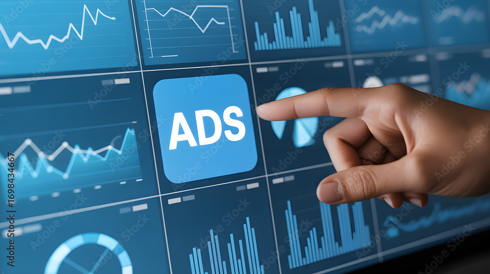Poster Digital ADS: A hand interacts with an interface displaying the word ADS, surrounded by data visualizations, graphs, and charts, illustrating the core of digital advertising. 