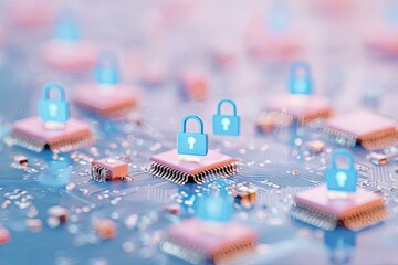 Digital Security Concept with Padlock Icons on Microchips.