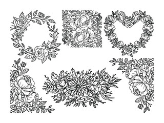 Floral Frame Vector Set. Rose Wreaths and Line Art Bouquets, Flower Border and Frame Vector. Hand Drawn Line Art Design