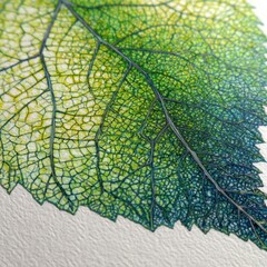 A detailed close-up view of a leaf's intricate vein structure, showcasing vibrant green hues and a delicate network of veins.
