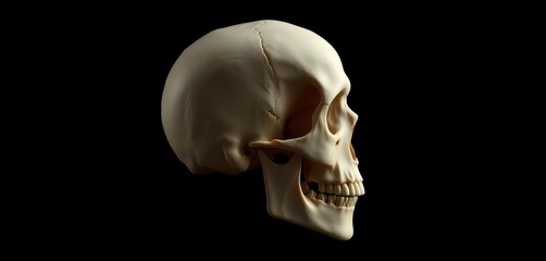 Pale, aged skull in profile view, stark against dark background, dark, photo