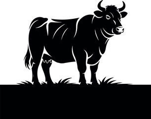 Majestic Black Cow Silhouette Grazing in Pasture Vector Illustration Agriculture Farming Livestock and Dairy Products Concept