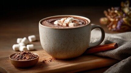 Hot chocolate with marshmallows in a mug on a wooden board beside cinnamon stick
