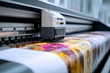 Large format digital inkjet printer in operation printing a colorful design.