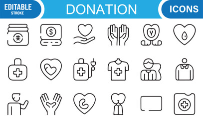 Donation and charity line icons set with heart, hands, money, food, and gift illustrations
