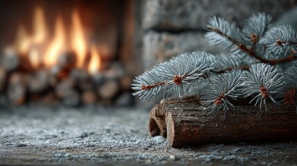 Evergreen branch and logs by burning fireplace